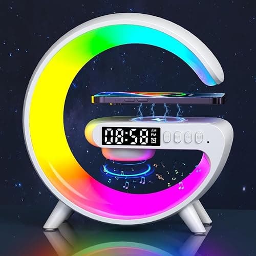 Aeehuck Mini Wireless Speaker with Atmosphere Light, Wireless Charging, Alarm Clock and Bedside Lamp (White) - Image 1