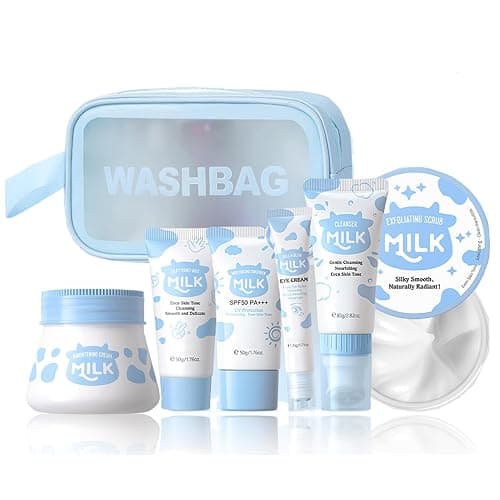 Milk Skin Care Sets&Kits,Beauty Gift Sets for Teenage Girls,Skincare Set-Cleanser,Eye Cream,Moisturizer, Sunscreen,Hand Wax,Cream,Facial Kits for Women,Deep Hydrating (One Size, Milk-Wash Bag Set) - Image 1