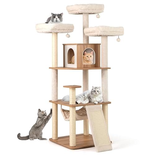 Tangkula Tall Cat Tree, 68 Inch Modern Wood Cat Tower with Sisal Scratching Posts, 3 Padded Perches, Condo, 2-in-1 Ladder, Dangling Balls, Washable Cushions for Indoor Cats Large Adult (Natural) - Image 1
