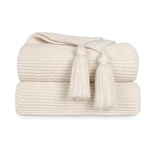 MACEVIA Throw Blanket Super Soft Cozy Fuzzy, Knitted Throw Blanket 50" x 60" for Couch Beige Blanket for Bed Sofa Chair Camping Travel (Beige) - Image 1