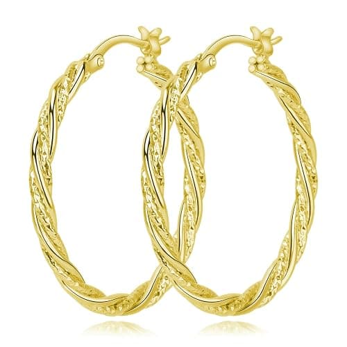 Gold Hoop Earrings for Women, 14K Gold Earrings Twisted Detailing Hypoallergenic Lightweight Earring Mother’s Day Gifts 35MM - Image 1