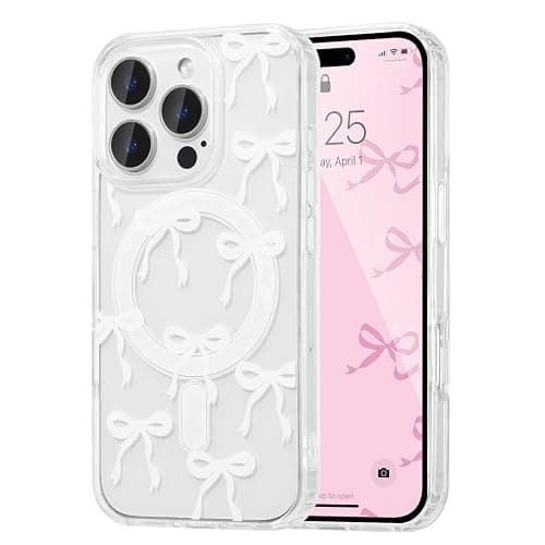UEEBAI Magnetic for iPhone 16 Pro Max Case, Bow Case Compatible with MagSafe, Wireless Slim Clear Ribbon Aesthetic Phone Cover Anti-Yellowing Shockproof Protective Cover for Women Girl - White - White - iPhone 16 Pro Max - Image 1