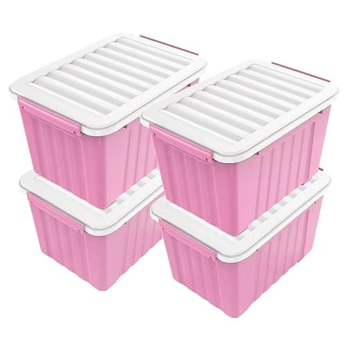Nazhura Plastic Storage Bin, Stackable and Nestable Storage Boxes with White Lids and Secure Latching Buckles, Large Storage Container (Pink/White, 72Quart-4Pack) - Image 1