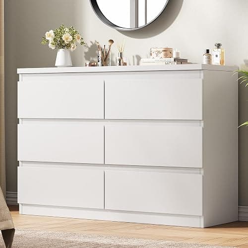 Jocoevol White 6 Drawer Dresser for Bedroom, 15.3" D x 47.2" W x 32.3" H in Simply Modern Chest of Drawers, Wood Storage Double Dresser with Deep Drawers for Living Room, Hallway Entryway, White - Image 1