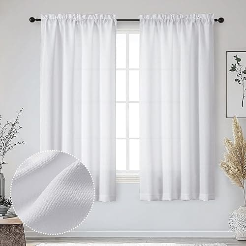 OWENIE Bob White Curtains 63 Inch Length 2 Panels Set for Living Room Bedroom, Light Filtering Faux Linen Textured Soft Window Curtain, Solid Soft Rod Pocket Drapes, 40Wx63L Inches, 2 Pcs, White - Image 1