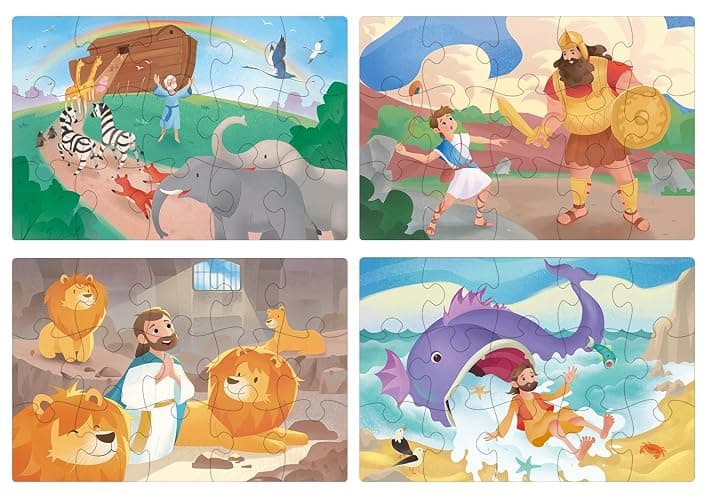MoinKidz Bible Puzzles for Kids, 4-in-1 Wooden Jigsaw Puzzles in Box 15 Piece Each, Christian Religious Toys for Kids, Noah’s Ark | Daniel in The Lion’s Den | David and Goliath (Old Testament) - Image 1