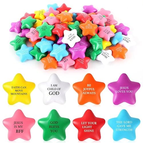 64 Pcs Christian Star Stress Balls Bulk for Kids Jesus Bible Quotes Motivational Balls Mini Foam Stress Relief Star Ball Toy Colorful Squeeze Fidget Office Stress Anxiety Relief Toy Party Favors - Image 1