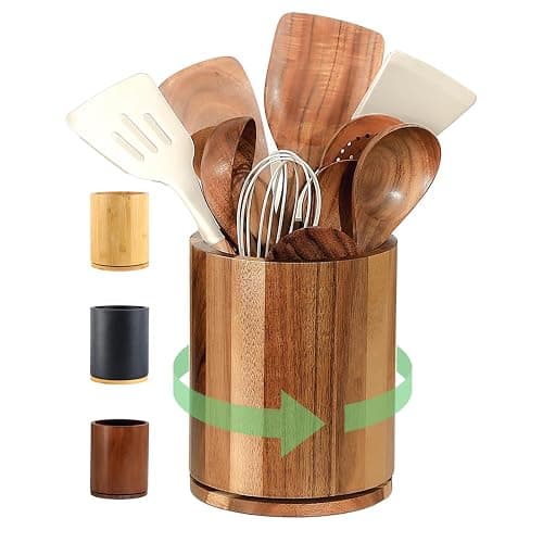 gorsent Wooden Utensil Holder, 360°Rotating 7.3'' Large Utensil Holder for Kitchen Counter, Kitchen Utensil Organizer, Utensil Crock, Farmhouse Kitchens Countertop Decor, Acacia Wood - Image 1