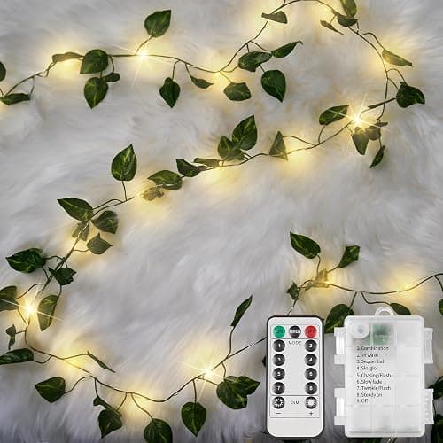 suddus Vine with Fairy Lights Battery Operated, 33ft100 LED Pothos String Lights with Remote, Leaf Lights for Bedroom, Room, Wall, Garden, Party, Wedding Decor(Warm White) - 100 LED-Copper Wire Battery-Powered - Pothos-33ft - Image 1