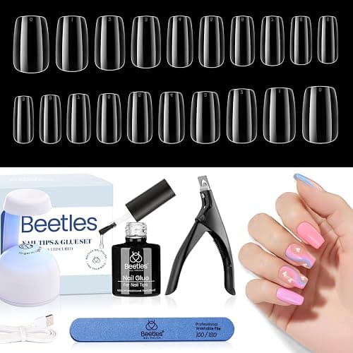 Beetles Gel Nail Kit Easy Nail Extension Set, 240pcs Soft Short Square Nail Tips with 5-in-1 Nail Glue Base Gel and Led Lamp Acrylic Nail Tips Fake Nails Art Home Gelly Tips Beauty Gift Set - Image 1
