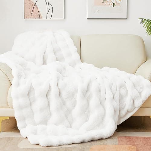 Latepis White Throw Blanket for Couch, Soft Faux Fur Bubble Blankets for Sofa Bedroom Living Room, Cozy Warm Fluffy Blanket for Winter, Great Birthday Gift Selection, 50x60 Inch, 860GSM - Image 1