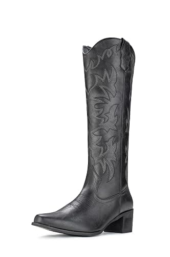 IUV Cowboy Boots For Women Knee High Western Cowgirl Boots Snip Toe Side Zipper Chunky Heel - 9.5 - Black - Image 1