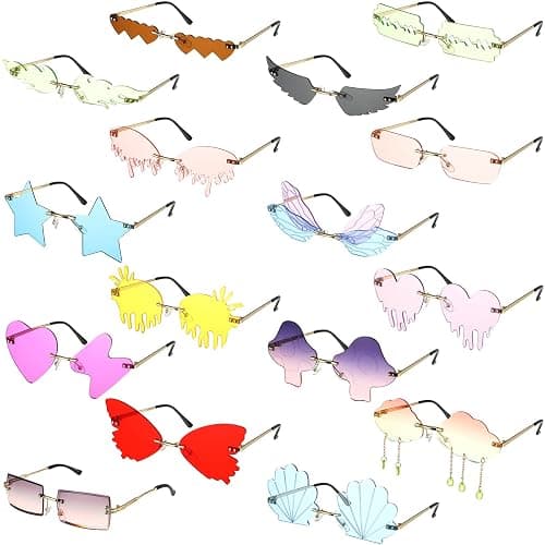 Fiada 16 Pcs Irregular Rimless Sunglasses Rectangle Star Cloud Flame Butterfly Shaped Heart Sunglasses Frameless Disco Glasses Party Favors Photo Props for Women Men Costume Unisex - Image 1