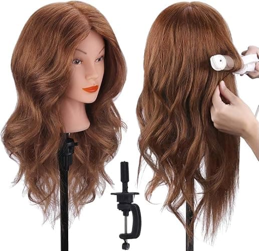 Mannequin Head with 100% Human Hair, TopDirect Real Hair Cosmetology Mannequin Head Hair Styling Hairdressing Practice Training Doll Head with Clamp Holder and Tools (Dark Brown) - Image 1