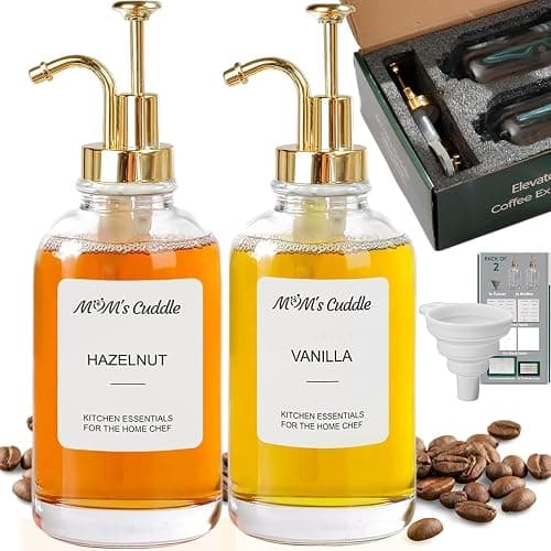 Coffee Syrup Dispenser 16.9 Oz (500ml) - Glass Syrup Dispenser for Coffee Bars with Golden Pump, 20 Labels & Silicone Funnel, Premium Quality Glass Bottles - Pack of 2 - Pack of 2 - Image 1