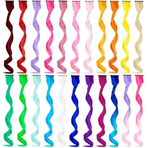 22 PCS Colored Hair Extensions Clip in, Curly Wavy Colorful Extension for Kids Girls - Party Highlights Synthetic Hairpiece 17 inch - Image 1