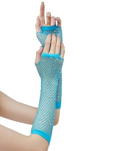 OTPEH Women Fishnet Rhinestone Gloves Fingerless Fish Net Arm Sleeve Warmers 80s Emo Scene Accessories - Image 1