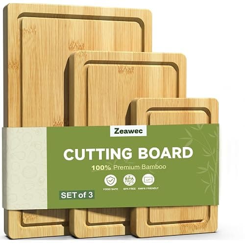 Zeawec 3-Piece Set Bamboo Cutting Board for Kitchen - Crack-Resistant Wood Chopping Boards with Deep Juice Grooves, Pre-Oiled Butcher Block for Meat, Vegetables & Cheese, Natural - Image 1