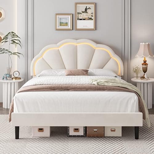 HIFIT Queen Upholstered Smart LED Bed Frame with Adjustable Chic Petal Headboard, Soft Princess Queen Size Platform Bed Frame for Girls, Wooden Slat Support, No Box Spring Needed, Easy Assembly, Beige - Queen - Beige - Image 1