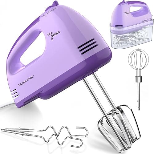 LILPARTNER Electric Hand Mixer with Storage Box, Ultra Power Kitchen Hand Mixer With 7-Speed & 5 Stainless Steel Accessories for Whipping Dough, Cream, Cake, Dishwasher Safe, PURPLE BOX - Image 1