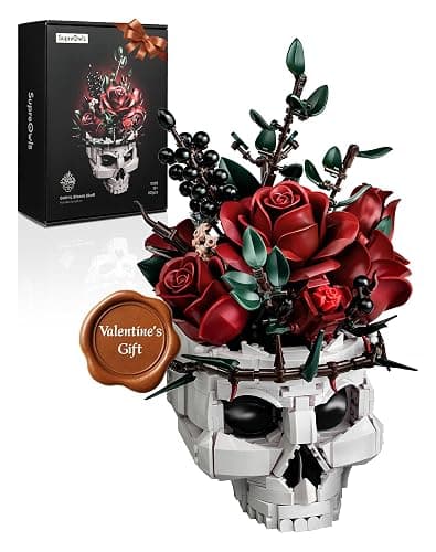 iATOM Skull Roses Flower Bouquet Building Set, Botanical Collection Kit for Adult Women, Gift for Valentines Day for Her/Girlfriend/Mom/Wife/Couple, Goth Horror Skeleton Pot Home Table Decor Aesthetic - Image 1