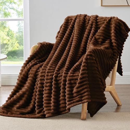 BEDELITE Fleece Throw Blanket for Couch - 300GSM Soft & Warm Fluffy Chotolate Brown Blanket, Decorative and Giftable Striped Blankets for Women, Men, 50"x60" - Image 1