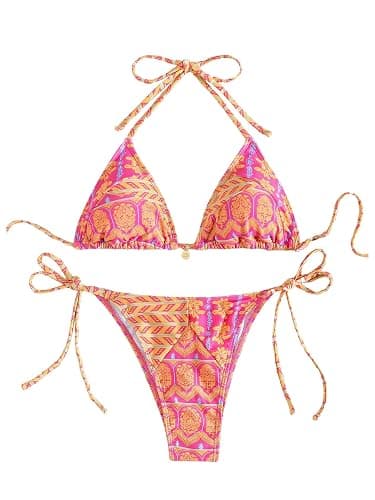 QJQ Women's 2 Piece Bikini Sets Floral Boho Halter Triangle Bathing Suit Tie Side Sexy Cheeky String Swimsuit - Image 1