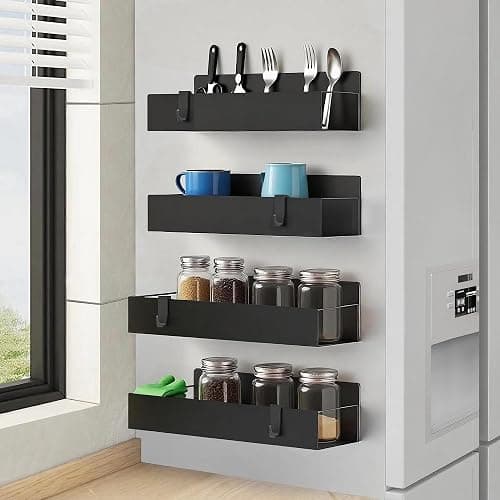 Cosy Family 4-Pack Strong Magnetic Metal Spice Rack Organizer for Refrigerator & Oven - Rustproof Black Fridge Shelves with Hooks for Kitchen Storage & Organization - Image 1