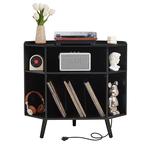 MAHYIZYI Corner Record Player Stand with Charging Station & USB Ports | 3 Tier Mid Century Modern Vinyl Record Storage Cabinet, Wood Turntable Stand for Music Room, Living Room, Small Space - Image 1