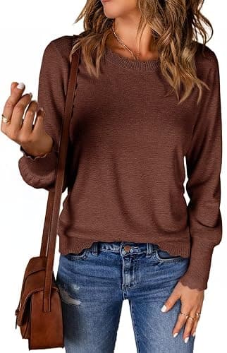 Cicy Bell Womens Crew Neck Long Sleeve Sweater Trendy Casual Scallop Trim Fall Knit Lightweight Pullover Tops - Image 1