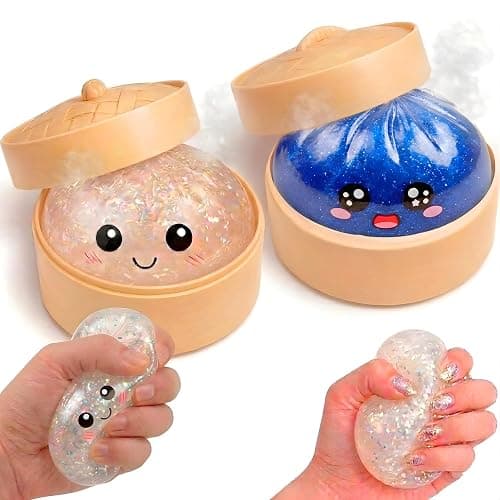 Lemoneon Glitter Dumpling Squishy Mystery Box 2 Pcs - 2026 Upgraded Dumplings Squishes for Adults Teens Squeeze Easter Basket Stuffers & Stocking Stuff Smiling White and Sad Blue - Image 1
