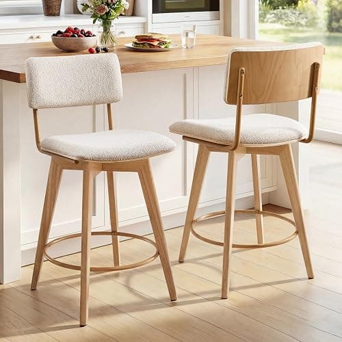 ONEVOG Swivel 26" Counter Height Wooden Bar Stools Set of 2, Modern Upholstered Kitchen Island Tall Chairs with Back, Padded Cushion Seat, Linen Fabric Counter Barstool, Light Beige + Natural Finish - Image 1