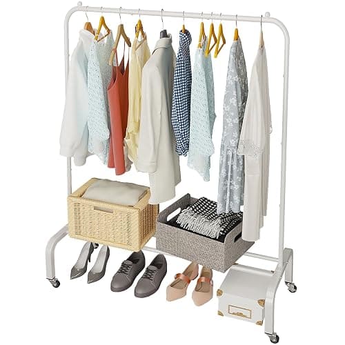 JIUYOTREE Metal Clothing Rack with Wheels, 43.3 Inches Rolling Clothes Garment Coat Rack with Bottom Shelf, Clothing Rack for Hanging Clothes, Coats, Skirts, Shirts, Sweaters, White - White - with wheel - Image 1