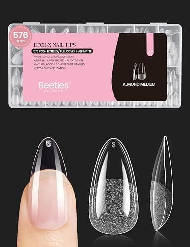 Beetles Medium Almond Nail Tips 576pcs 12 Sizes, Pre-Etched Soft Gel Nail Tips Half Matte Full Cover Press on False Nail Tips Clear Acrylic Nails Glue on Nails DIY Nail Extension Gift for Women - Image 1