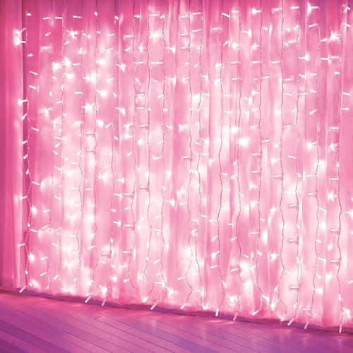 amadecohome 200 LED Pink Curtain Lights, 8 Modes String Lights Room Decor | Memory Function, Corded Power, IP44 Water-Resistant, Easy Hanging, Window Wall and Party Backdrops - Image 1