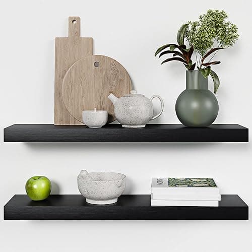 Homeforia Black Floating Shelves 30 inches Long, High End Solid Real Wood 30 inch Floating Shelf for Wall Mounted, Black Wooden 30in Floating Shelves, Heavy Duty Bracket, 30 X 6.5 X 1.75 in, Set of 2 - Image 1