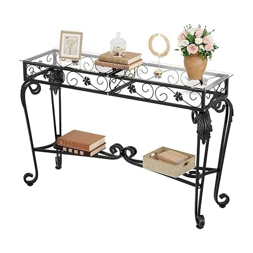 HavenlyYouth Console Table 47.2", Tempered Glass Sofa Tables, Vintage Entryway Table with Metal Frame, Console Tables for Living Room, Entrance, Foyer, Adjustable Feet (Black) - Image 1