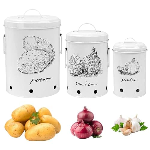 EQEY Kitchen Potato and Onion Storage Bin,Metal Vegetable Storage Bins Set of 3 with Aerating Holes and Lids,Farmhouse Canisters Sets for the Kitchen Countertop (1, Circular) - Image 1