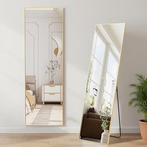 NEWBULIG Mirror Full Length, 16"x59" Body Wall Mirrors with Shatter-Proof Glass, Upgraded Floor Standing Mirror, Hanging or Leaning, with Stand Aluminum Alloy Frame for Home Decor, Bedroom, Gold - Image 1