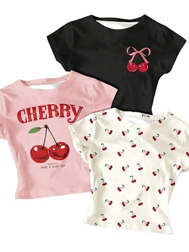 RoseSeek Girl's Shirts 3 Packs Graphic Tees Vacation Hibiscus Top Crewneck Short Sleeve Cute Tops Summer Slim Fit T Shirt - Image 1