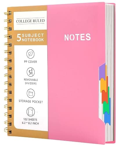 CAGIE 5 Subject Notebook College Ruled with Removable Tabs, Lined Spiral Journals Notebook for Women Men Writing, Notebooks for Work Note Taking School Supplies, A5 - Pink - Pink - 6.2''x8.2'' - Image 1