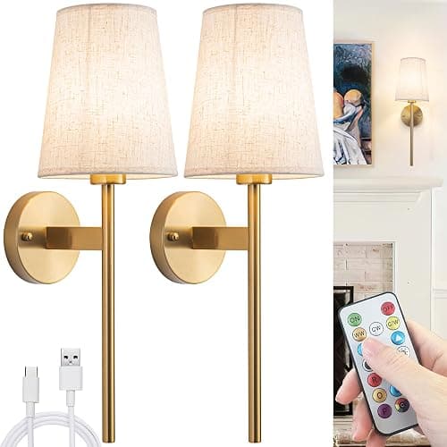 Nekhung Battery Operated Wall Sconces Set of 2, Wireless Wall Sconce with Remote, Battery Operated Wall Lights Fabric Shade, 50 Hours Long Life Rechargeable Blub RGB Dimmable,Perfect Indoor Lighting - Image 1