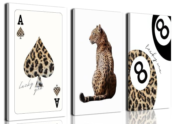 Trendy Leopard Canvas Wall Art Set of 3 - Cheetah Prints Wall Decor Pictures, Funky Lucky You 8 Ball Poster Preppy Aesthetic Paintings, for Girls Bedroom Dorm Apartment 12x16 inch Framed - Image 1