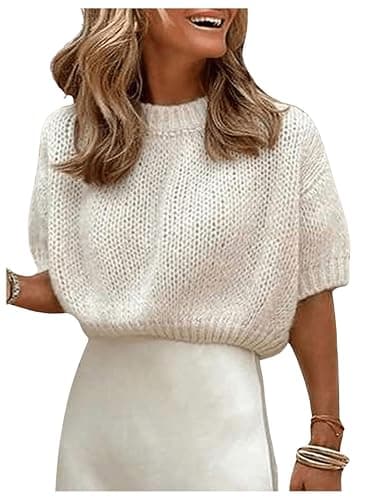 GORGLITTER Women's Puff Sleeve Crewneck Knit Shirt Top Short Sleeve Solid Loose Sweater - Image 1