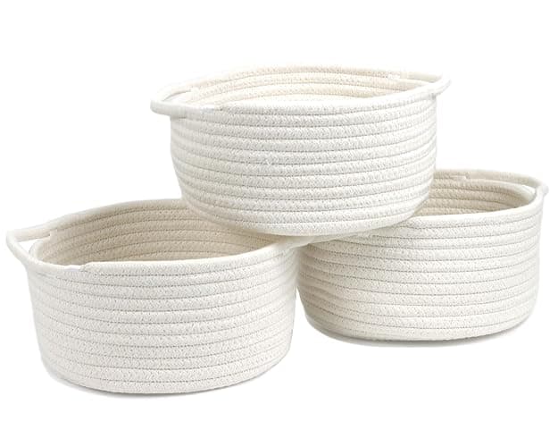 Small Basket with Handle, Set of 3 Cotton Rope White Woven Baskets for Organizing, Cute Mini Tiny Decorative Boho Round Storage Baskets Bathroom Organizer Bin, Empty Gift Basket for Nursery - White - Image 1