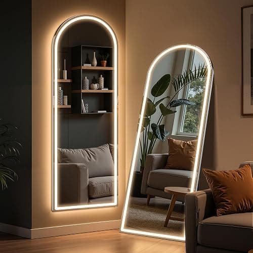 Arched Full Length Mirror with LED Lights, 60"x16" LED Floor Mirror with Stand, Body Floor Mirrors with Dimming & 3 Color Lighting, Wall Mounted LED Mirrors for Bedroom, Dressing Room, Cloakroom - Image 1