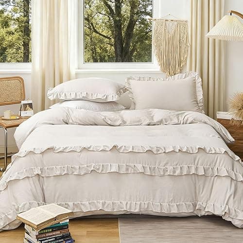 CCoutueChen Beige Ruffle Duvet Cover Twin 2Pcs Ruffled Duvet Cover Set Cottagecore Frilly Bedding Set 100% Washed Microfiber Shabby Chic Farmhouse Bedding with 1 Pillowcase(No Comforter) - Image 1