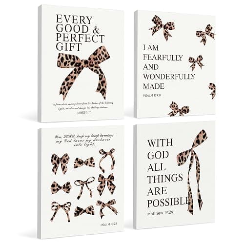 LARTSFRO Coquette Leopard Bow Christian Canvas Wall Art Decor Posters Prints, Y2K Cheetah Leopard Bow Room Bedroom Bathroom Dorm Wall Art Decor Aesthetic for College Teen Girls Gifts, Inspirational Bible Verses Bow Wall Decor, 11x14 Inch Set of 4 Pcs Cheetah Bow Pictures (Canvas Framed 11X14) - Image 1