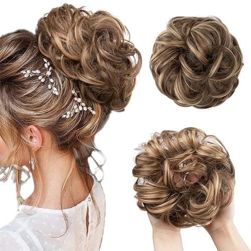 CJL HAIR Large Messy Bun Hair Piece Wavy Curly Scrunchies Synthetic Chignon Ponytail Hair Extensions Thick Updo Hairpieces for Women Brunette/Honey Blonde - Image 1