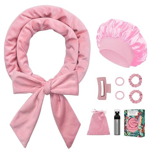 Gwabee No Heat Overnight Curl Headband, 70" Soft Ribbon Curl Wrap for Long Hair - 9 PCS Rods Set with Bonnet, Pink - Image 1